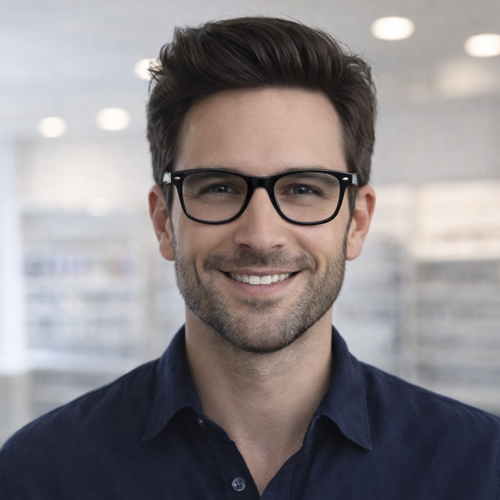 Smiling young man wearing black eyeglasses